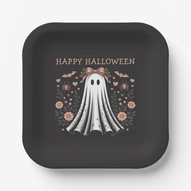 Plato De Papel Feliz Fiesta fantasma de Halloween (Anverso)