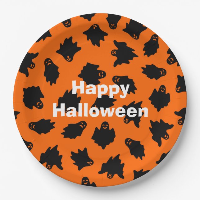Plato De Papel Feliz Fiesta Naranja de Halloween (Anverso)