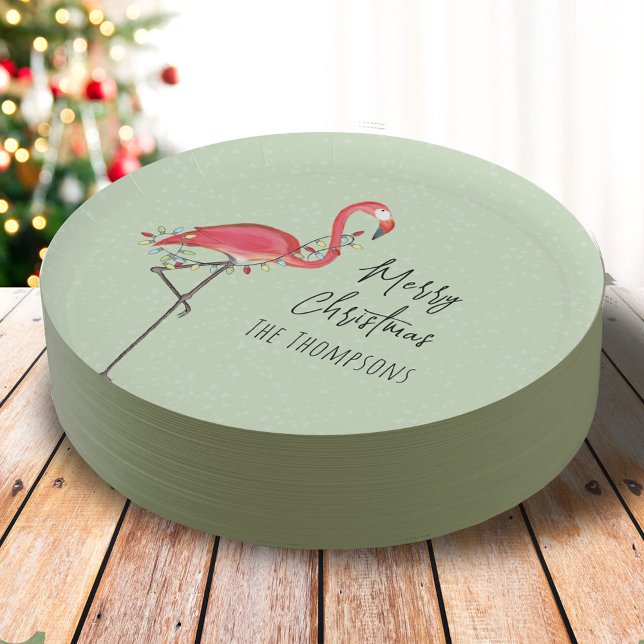 Plato De Papel Feliz fiesta navideña ilumina flamenco rosa (Simple Merry Christmas cute pink flamingo calligraphy script paper plate)