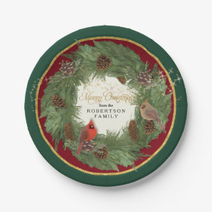 Plato De Papel Feliz Fiesta navideño Cardinals Pine Cone Wreath