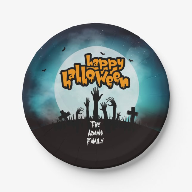 Plato De Papel Feliz Fiesta Zombie Graveyard de Halloween (Anverso)