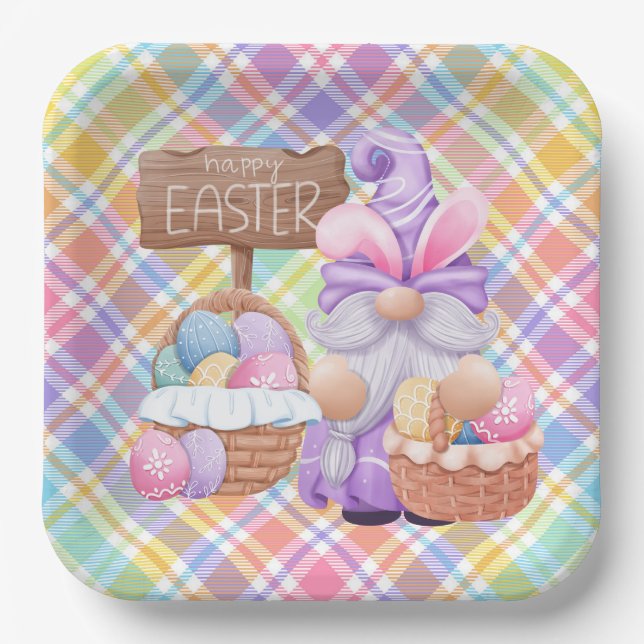 Plato De Papel Feliz Gnomo de Pascua (Anverso)