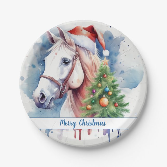 Plato De Papel Feliz Gorra de Navidad Caballo festivo - (Anverso)