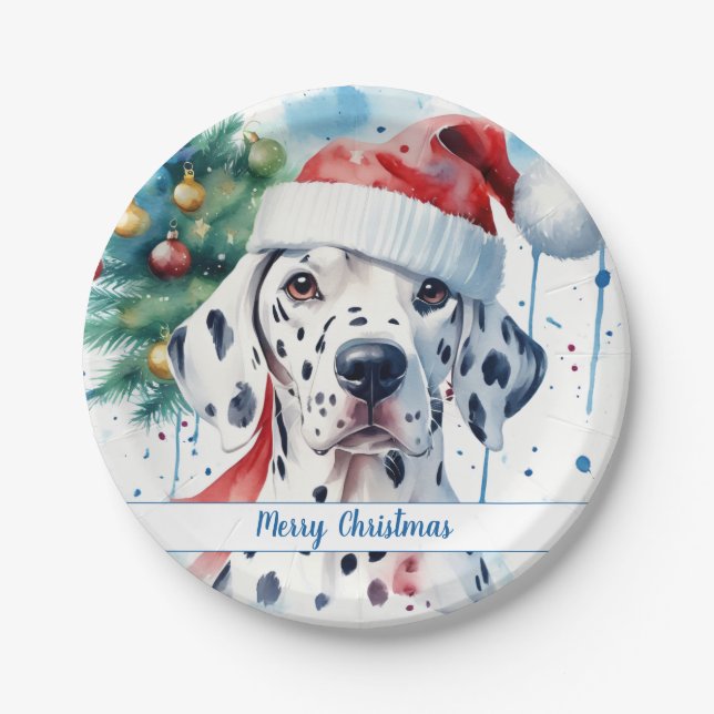Plato De Papel Feliz Gorra de Navidad Dalmatian festivo - (Anverso)
