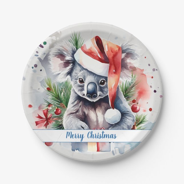 Plato De Papel Feliz Gorra de Navidad Festividad Koala - (Anverso)