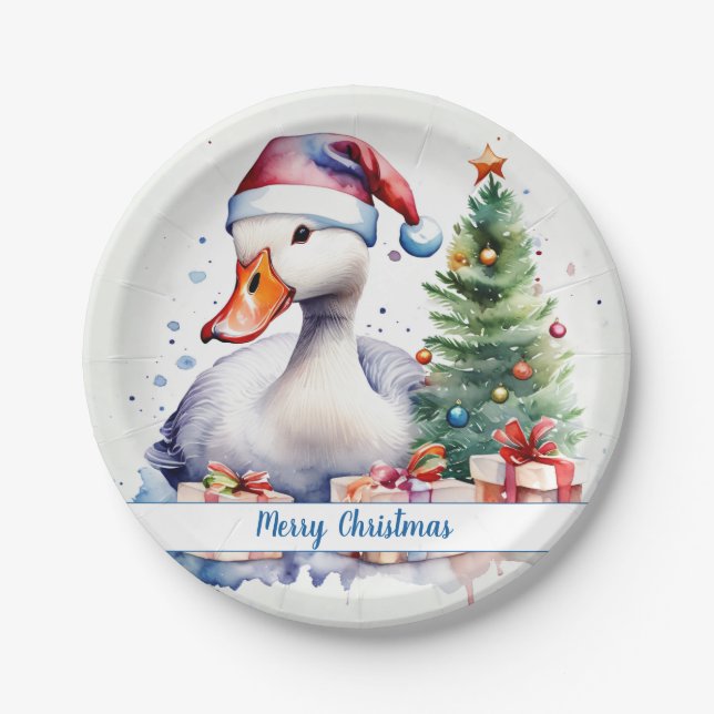 Plato De Papel Feliz Gorra de Navidad Goose festivo - (Anverso)