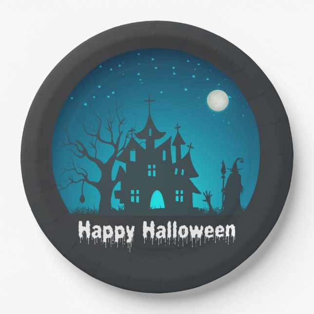 Plato De Papel Feliz Halloween azul y negro casa embrujada (Anverso)