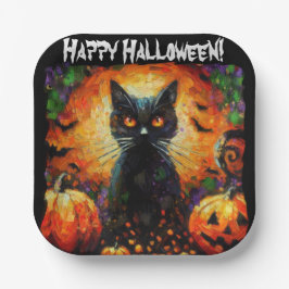 Plato De Papel Feliz Halloween Black Cat Bats Pumpkins