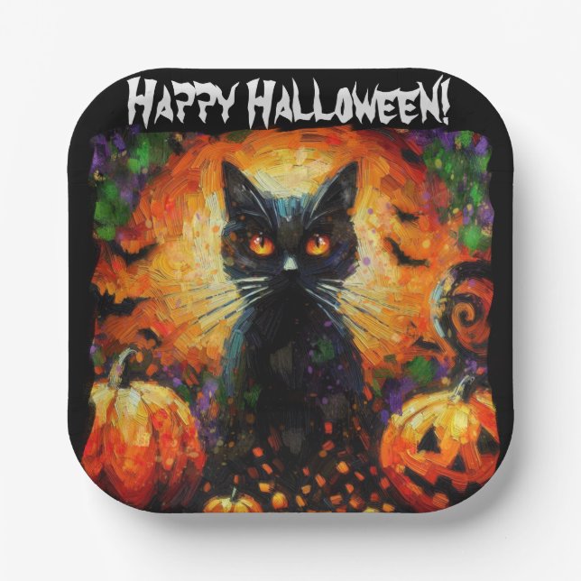 Plato De Papel Feliz Halloween Black Cat Bats Pumpkins (Anverso)