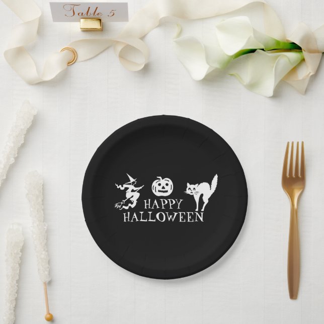 Plato De Papel Feliz Halloween blanco negro espantado (Boda)