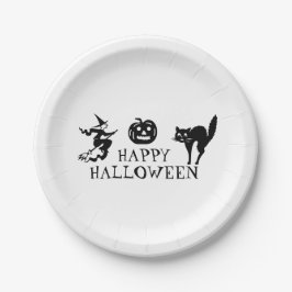 Plato De Papel Feliz Halloween blanco negro espantado