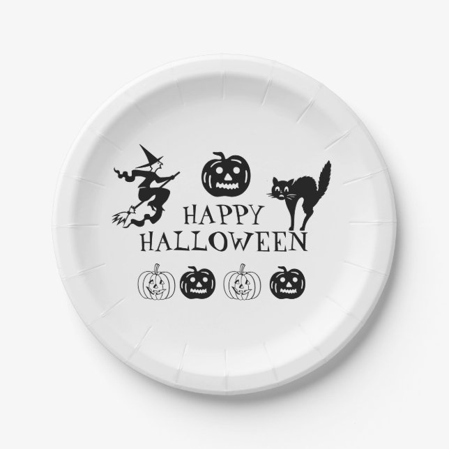 Plato De Papel Feliz Halloween blanco negro espantado (Anverso)