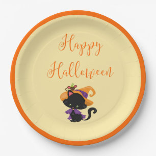 Plato De Papel Feliz Halloween Bruja Black Cat Mouse en Brim