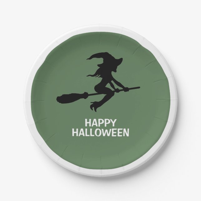 Plato De Papel Feliz Halloween, Bruja En Broomstick (Anverso)