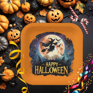 Plato De Papel Feliz Halloween - Bruja en la sala de vuelo