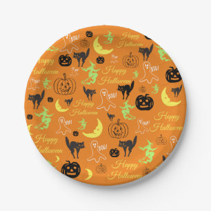 Plato De Papel Feliz Halloween Calabaza Fantasma Bruja Luna Naran