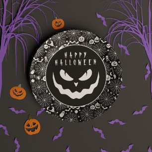 Plato De Papel Feliz Halloween Cara de Jack o Linterna Negra y Bl