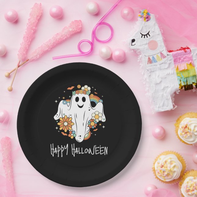 Plato De Papel Feliz Halloween con el retro fantasma Hippie (Fiesta)