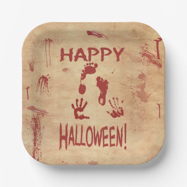 Plato De Papel Feliz Halloween con Salpicaduras de Sangre (Anverso)