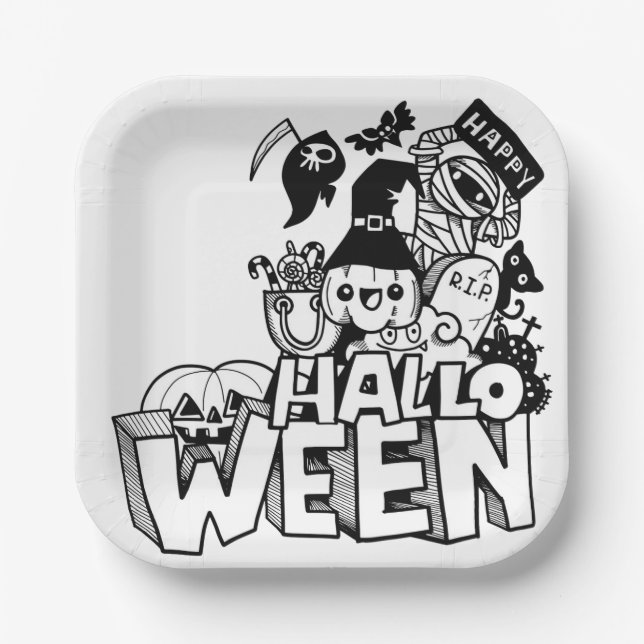 Plato De Papel Feliz Halloween Cubierta Doodle Bombkin Cat Mummy (Anverso)