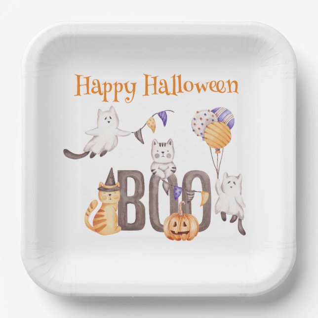 Plato De Papel Feliz Halloween | CUTE KITTENS & BOO (Anverso)