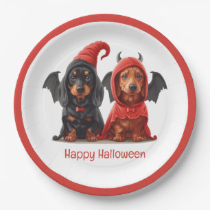 Plato De Papel Feliz Halloween Dachshund Perros Devil Bat
