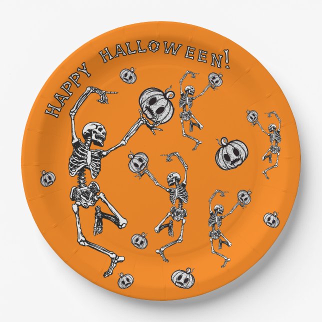 Plato De Papel Felíz Halloween Dancing Skeleton Danse Macabre (Anverso)