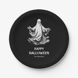 Plato De Papel Feliz Halloween espeluznante con fantasma blanco y