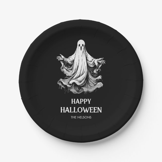 Plato De Papel Feliz Halloween espeluznante con fantasma blanco y (Anverso)