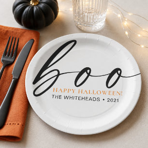 Plato De Papel Feliz Halloween Familia Boo Blanco