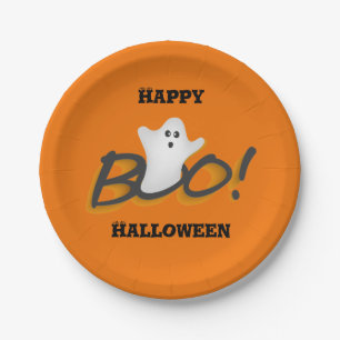 Plato De Papel Feliz Halloween Fantasma Lindo Palabra BOO!Naranja