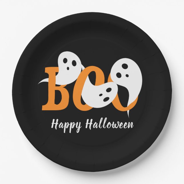 Plato De Papel Feliz Halloween Fantasmas Negros (Anverso)