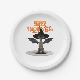 Plato De Papel Feliz Halloween. Gato con alas y gorra de bruja