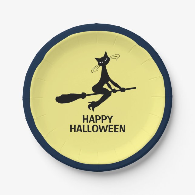 Plato De Papel Feliz Halloween, Gato En Broomstick (Anverso)
