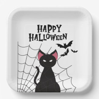 Plato De Papel Feliz Halloween Gato Negro Telaraña y Murciélagos