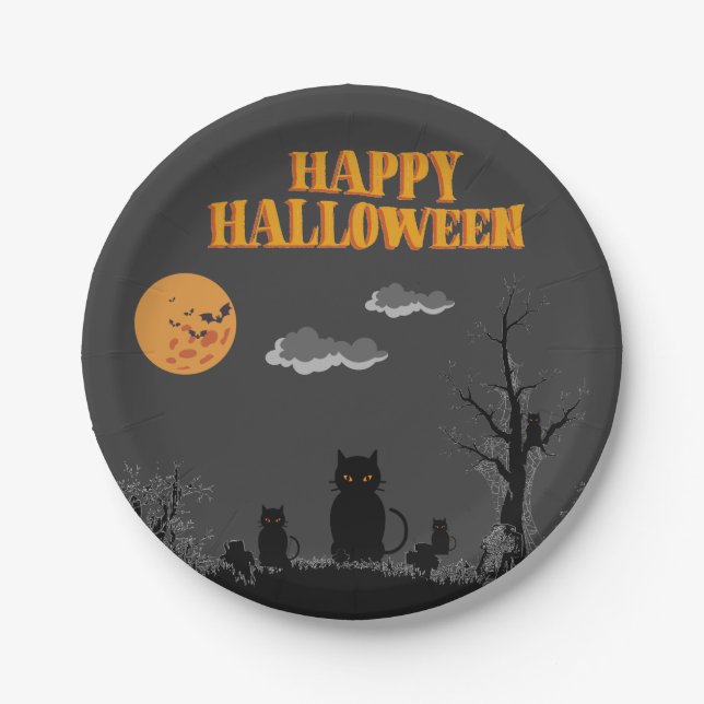Plato De Papel Feliz Halloween - Gatos (Anverso)