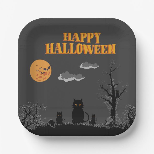 Plato De Papel Feliz Halloween - Gatos (Anverso)