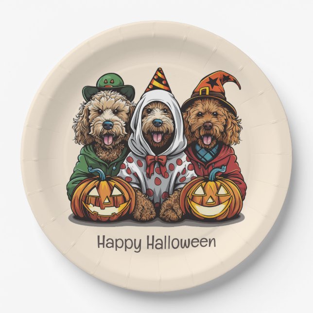 Plato De Papel Feliz Halloween Goldendoodle Dogs (Anverso)