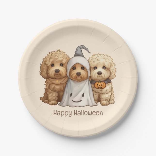 Plato De Papel Feliz Halloween Goldendoodle Dogs (Anverso)