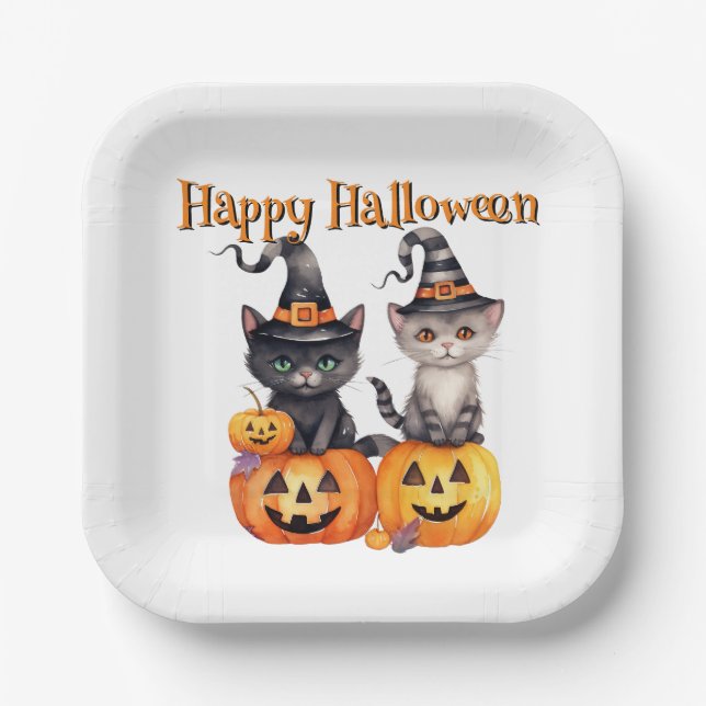 Plato De Papel Feliz Halloween | KITTENS & PUMPKINS en blanco (Anverso)