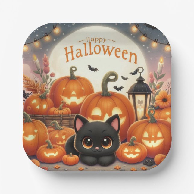 Plato De Papel Feliz Halloween lindo gato negro, calabazas (Anverso)