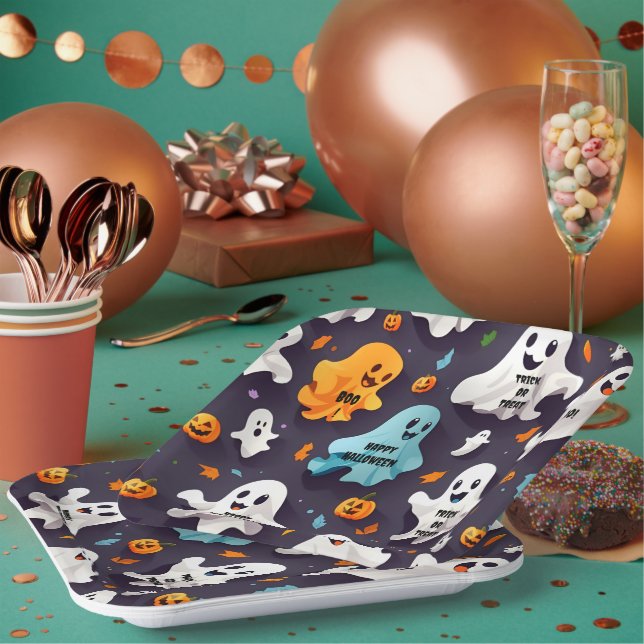 Plato De Papel Feliz Halloween Lindos Fantasmas Pequeños (Multi)
