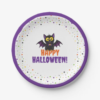 Plato De Papel Feliz Halloween Murciélago Vampiro Lindo Lunares E