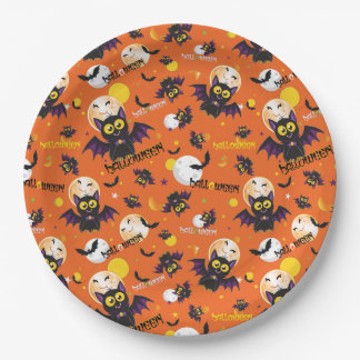Plato De Papel Feliz Halloween Murciélago Vampiro Luna Llena Colm