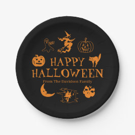 Plato De Papel Feliz Halloween nombre personalizado naranja negro