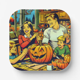 Plato De Papel Feliz Halloween Nostalgic Family Carving Pumpkins