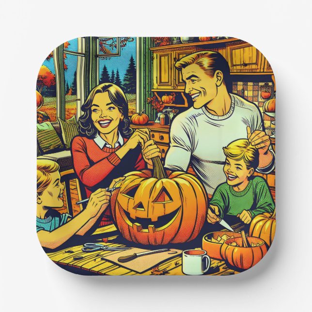 Plato De Papel Feliz Halloween Nostalgic Family Carving Pumpkins (Anverso)
