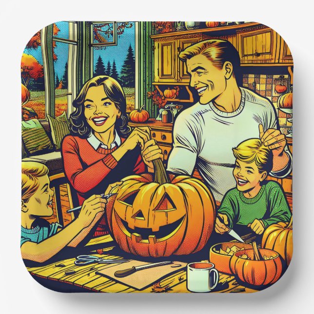 Plato De Papel Feliz Halloween Nostalgic Family Carving Pumpkins (Anverso)