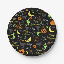 Plato De Papel Feliz Halloween Patrón Negro