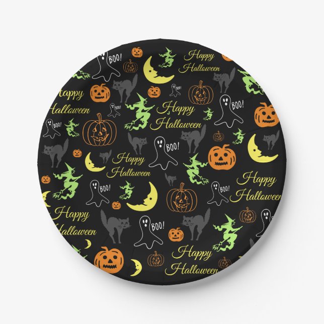 Plato De Papel Feliz Halloween Patrón Negro (Anverso)